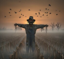 A Creepy Scarecrow in a Foggy Cornfield at Dusk