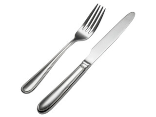 Polished silver fork and knife set against black metal utensil, Isolated, Png Transparent Background