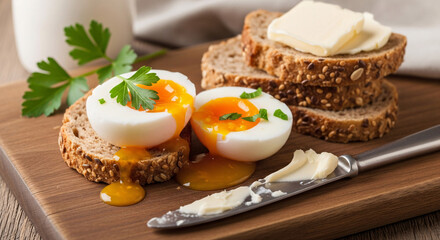 Soft Boiled Egg with Bread on Cutting Board
