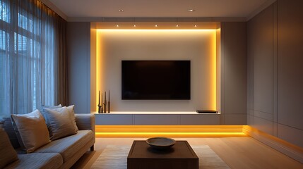 Modern luxury living room with beautifull sofa and couch with LED and flower pot, unique LED lights 