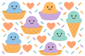 Seamless pattern of cute smiling ice cream scoops and hearts