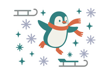 Joyful penguin wearing scarf sliding with sled and snowflakes