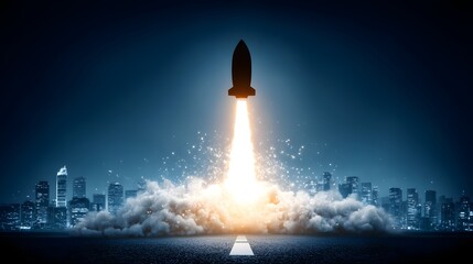 Rocket Launching Above City Skyline with Bright Flames and Clouds Underneath in Night Sky