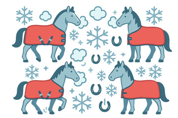 Winter horses with blankets snowflakes and horseshoes seamless pattern