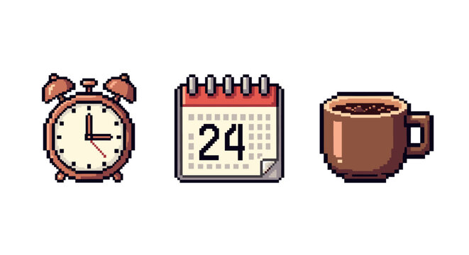 Retro pixel art alarm clock, calendar, and coffee cup icons for digital design
