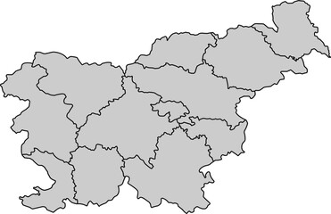Obraz premium Grey vector political map of Slovenia national outline with all 12 statistical regions internal boundaries, filled with a solid grey color, presented as a map of the Central European country.