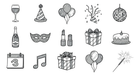 Hand-drawn party icons: balloons, gifts, mask, and more in sketch style