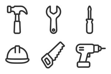 Obraz premium A set of six tools, including a hammer, wrench, and screwdriver. The tools are all black and arranged in a row. Vector.