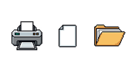 Retro pixel icons set: printer, document, and folder for digital interfaces