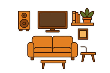 Modern living room furniture arrangement with television and decorative houseplant