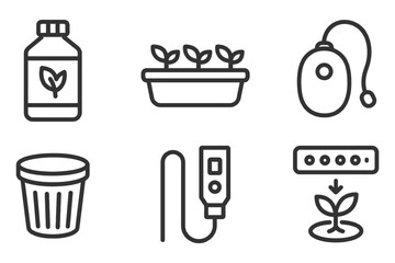 Fototapeta premium A set of icons for gardening tools and supplies. The icons include a bottle, a cup, a plant, a mouse, a keyboard, and a trash can. Vector.