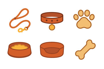 Stylized icons representing essential dog care and pet accessories