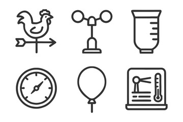 A variety of weather-related icons, including a chicken, a weather vane, a thermometer, and a clock. The icons are arranged in a row. Vector.
