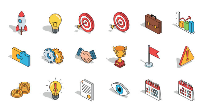 Isometric business icons set with trendy colorful designs for success and growth