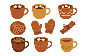Collection of warm winter drinks and snacks including hot cocoa, cookies, knitted mittens, and cinnamon