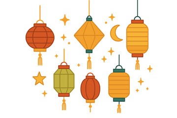 Assortment of colorful hanging paper lanterns with stars and crescent moon © icon_art