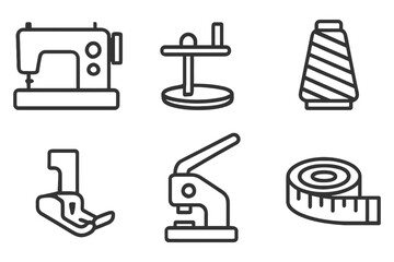 Sewing tools and accessories. The image is a collection of sewing tools and accessories. The tools include a sewing machine, scissors. Vector.