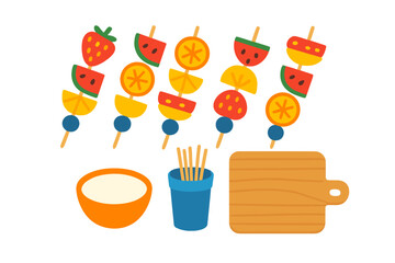 Vibrant fruit skewers with dipping sauce on wooden cutting board
