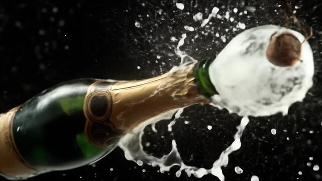 Champagne bottle cork pops, releasing frothy liquid and mist against black