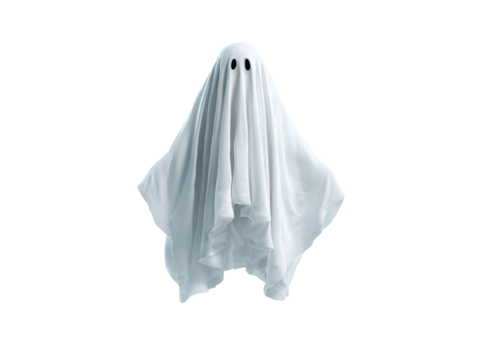 White fabric ghost with dark eyes floating against black image, Isolated, Png Transparent Background