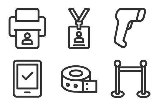 A set of icons for a business or organization, including a printer, ID badge, ID card, ID tag, ID tag holder, and a bar code scanner. Vector.