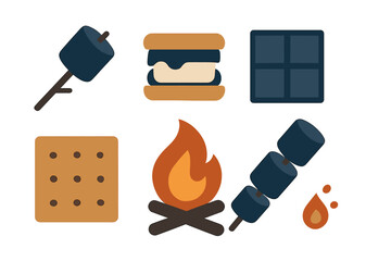 Smores ingredients and campfire icons for outdoor cooking and dessert