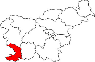 Detailed vector map of Slovenia highlighting Obalno-kraška (Coastal–Karst Statistical Region), a Southwestern Slovenia territory centered on Koper, known for its Adriatic coastline