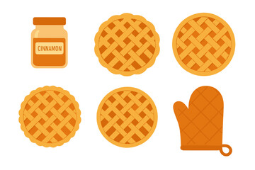 Assortment of baked pies with cinnamon spice and orange oven mitt