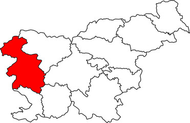 Detailed vector map of Slovenia highlighting Goriška (Gorizia Statistical Region), a Western Slovenia territory centered on Nova Gorica, known for its proximity to Italy, Vipava Valley wines