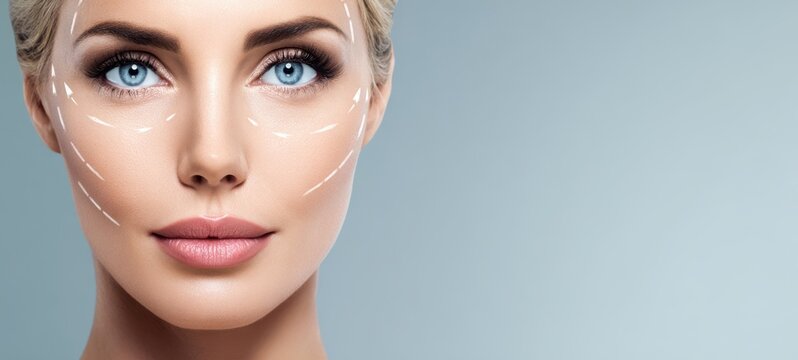 The woman's face with cosmetic surgery markings, flawless skin and bright blue eyes
