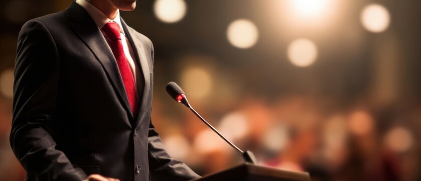 The Speaker at a Podium Delivering a Speech to a Large Audience