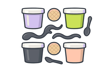 Assorted ice cream tubs with toppings and spoons icons