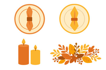 Autumn dining table setting elements with candles and foliage