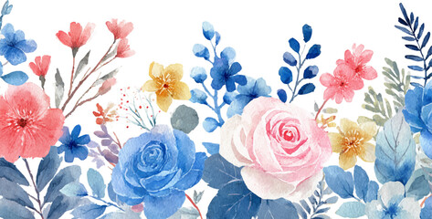 Fototapeta premium Watercolor Floral Arrangement with Roses, Blue and Pink Flowers for Wedding or Romantic Design