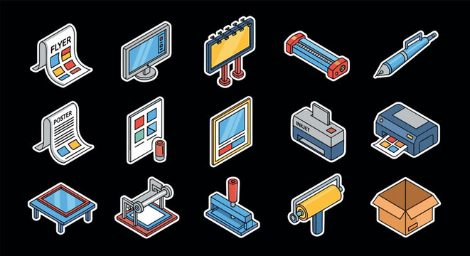Isometric design icon set featuring printers, posters, and office equipment - Powered by Adobe