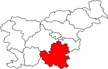 Fototapeta premium Detailed vector map of Slovenia highlighting Jugovzhodna Slovenija (Southeast Slovenia Statistical Region), the largest statistical region by area, centered on Novo Mesto