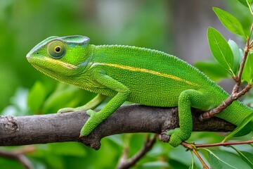 Fototapeta premium Green chameleon camouflaging on a tree branch in nature