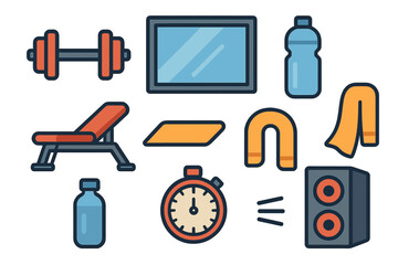 Colorful flat style icons representing fitness and gym equipment