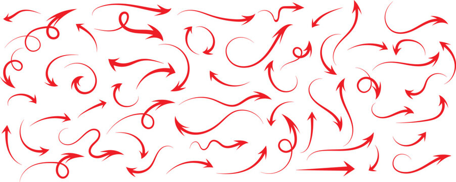 Collection of hand drawn red arrows showing various directions and styles on a white background