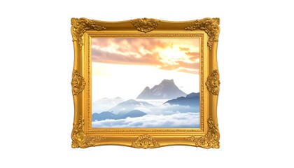 Ornate gilded frame showcasing a mountain scene with clouds