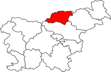 Detailed vector map of Slovenia highlighting Koroška (Carinthia Statistical Region), a Northern Slovenia territory centered on Slovenj Gradec, known for its mountainous landscape, dense forests
