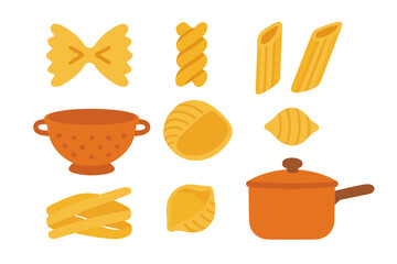 Assortment of Italian pasta shapes with cooking utensils