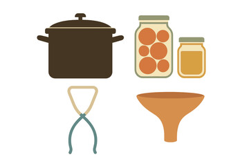 Set of kitchen tools for home canning and food preservation with jars