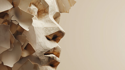 Geometric composition of human face and abstract shapes chiseled out of something. Illustration for cover, card, postcard, interior design, banner, poster, brochure or presentation.