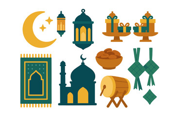 Set of flat icons for Islamic holiday celebration featuring mosque, moon, and dates