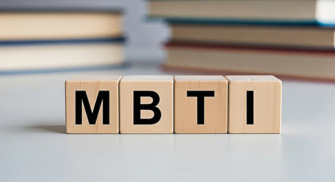 Wooden blocks spelling mbti stand against a backdrop of books representing personality assessment and psychological typing in education