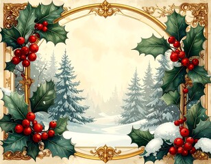 Ornate frame with winter scene and holly berry garland