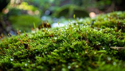 Condensation beads on cold moss surface in shaded ravine during humid summer morning