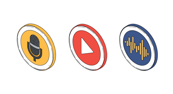 Colorful 3d media icons for recording, playing, and audio