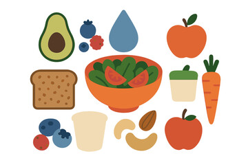 Various healthy food icons and hydration symbol for balanced diet